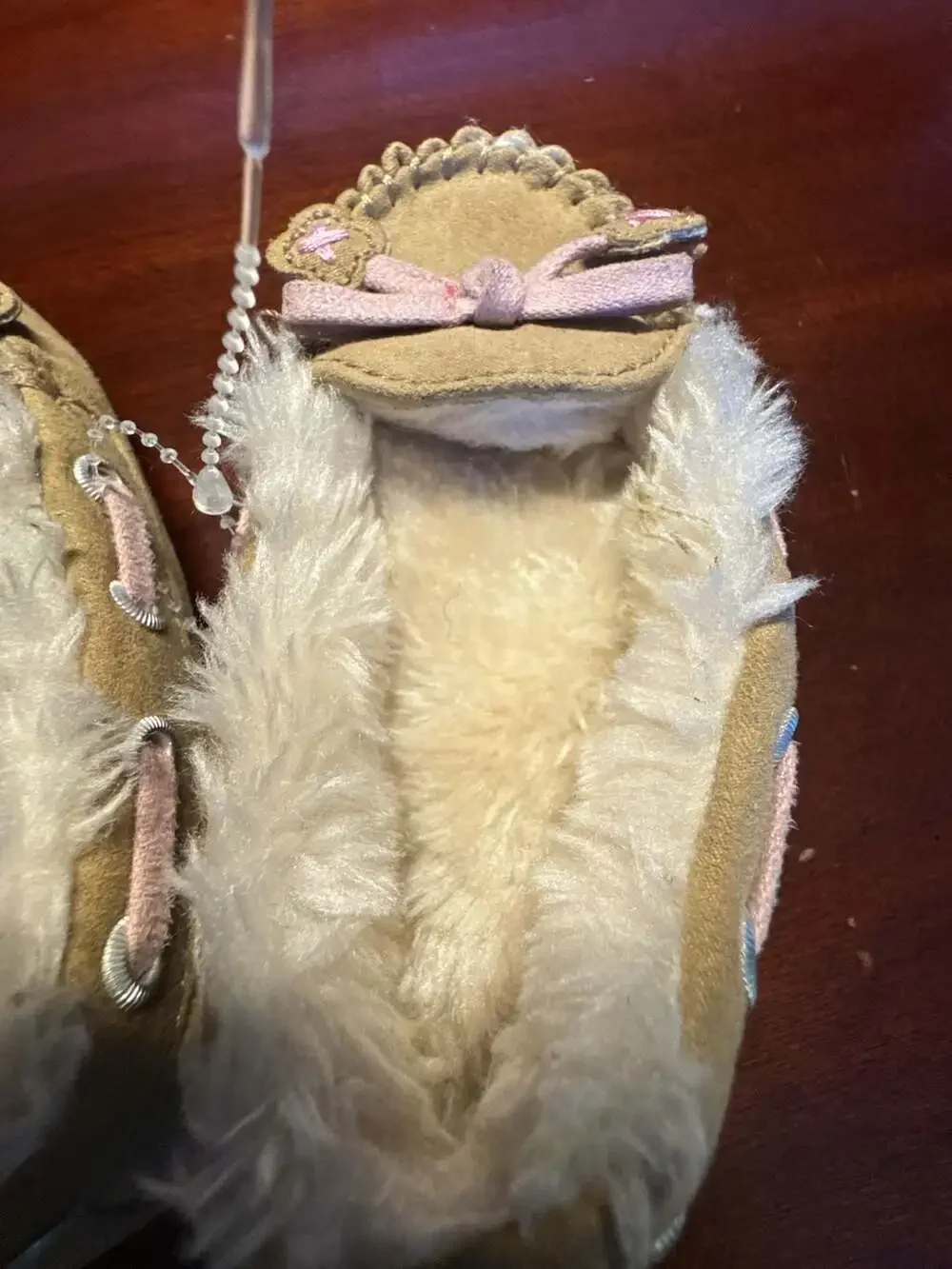 Girls Tan Faux Fur Moccasin Slippers with Pink Bow Detail